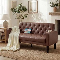 62" Loveseat Sofa, Tufted Couch with USB Ports and Cupholders for Living Room, Office and Bedroom, Brown
