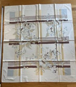 Vtg 1960's MCM Geometric & Poppies Blue Browns Gold Tablecloth 45"x50"