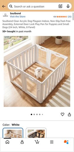 NEW IN BOX - 1 Available   Soulbond Clear Acrylic Dog Playpen Indoor, Non-Slip,Tool-Free Assembly, External Door Lock Play Pen for Puppies and Small D