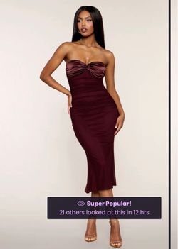 Burgundy Satin Strapless Midi Dress