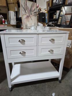 White Kitchen Island with Marble Top and 4 Drawers
