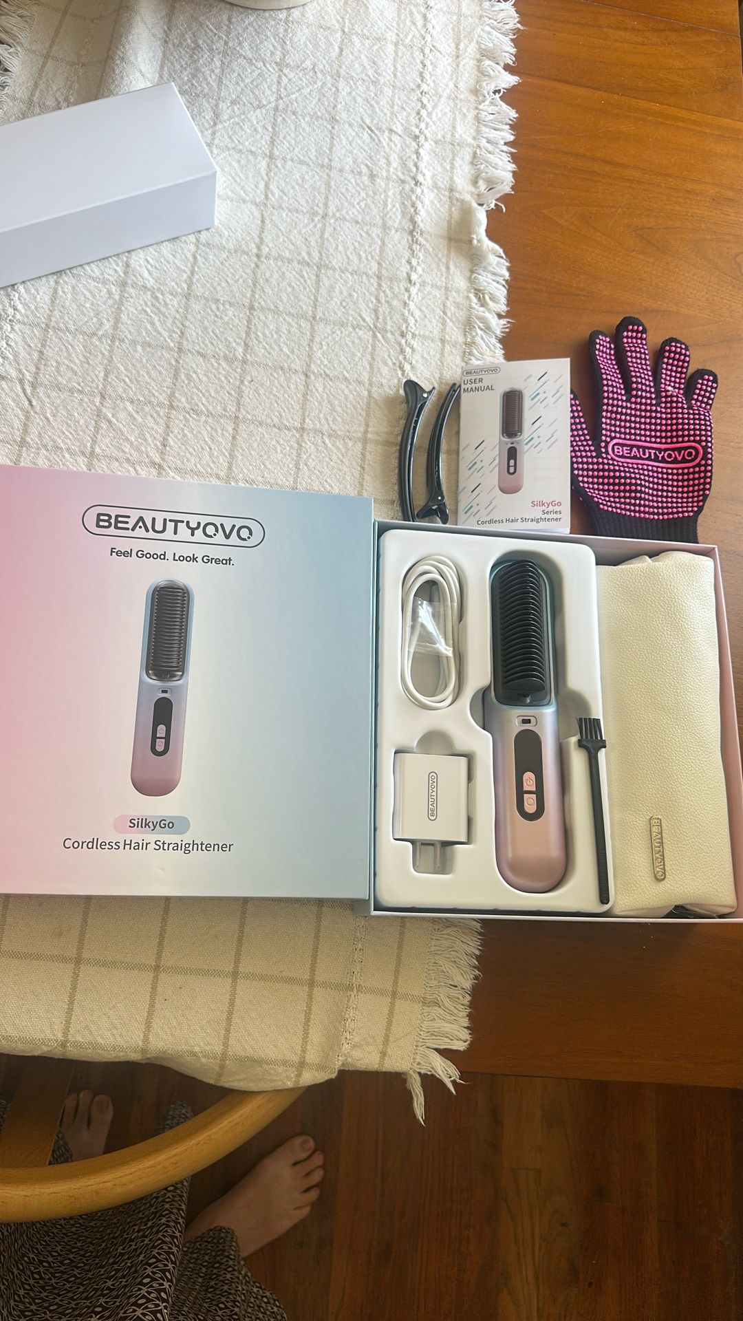 BEAUTYOVO Cordless Hair Straightener Brush - 300M Negative Ions | 6 Heat Settings | 65W USB-C Fast Charging, Dual Modes Portable Hair Straightening Br
