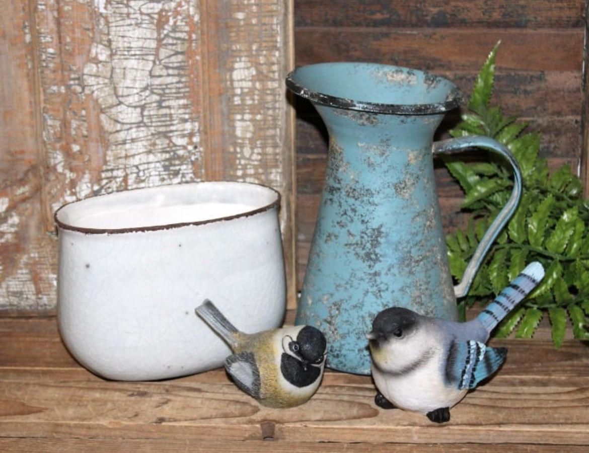 NEW French Country Farmhouse Blue Distressed Pitcher Ceramic Pot & Decor Birds