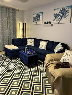 Beautiful Navy Blue Sectional Couch with Ottoman