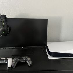 PS5 with 2 PS5 controllers. Razor headset, and HP monitor 144hz.
