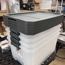 76 Quart Stacker Box, Durable Clear Plastic Bin with Lid, Dark Gray, New