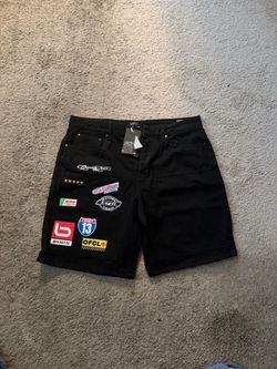 BoohooMAN Black Denim Shorts with Racing Patches
