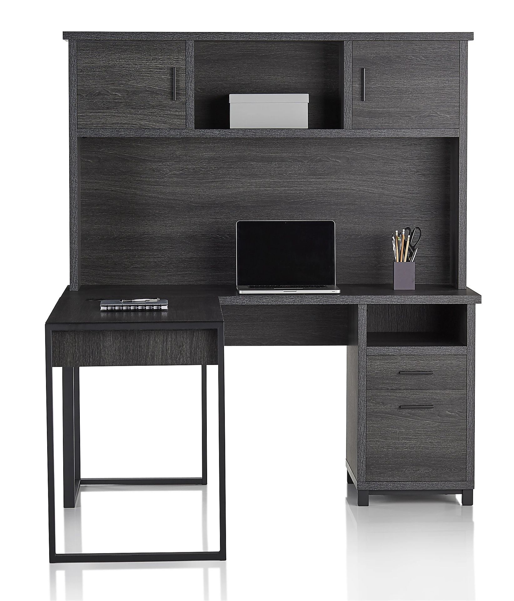 Realspace® DeJori 59"W L-Shape Corner Desk With Hutch, FILE CABINET FREE Charcoal