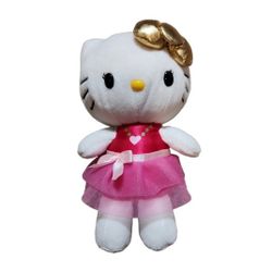 2015 Sanrio Hello Kitty 7" Plush Stuffed Animal Cat Toy Gold Bow Pink Dress