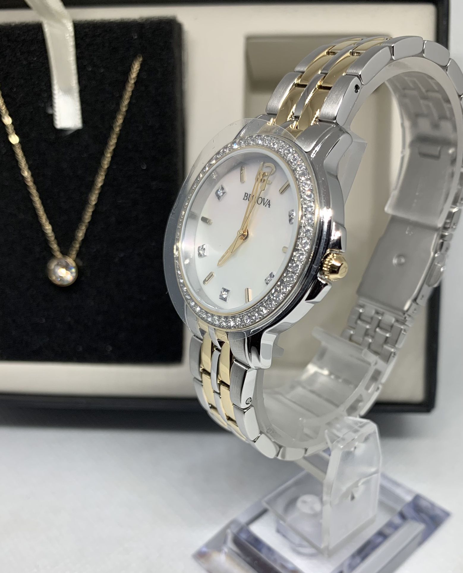 Bulova Two-Tone Stainless Steel Ladies Watch and Crystal Stud Necklace Set