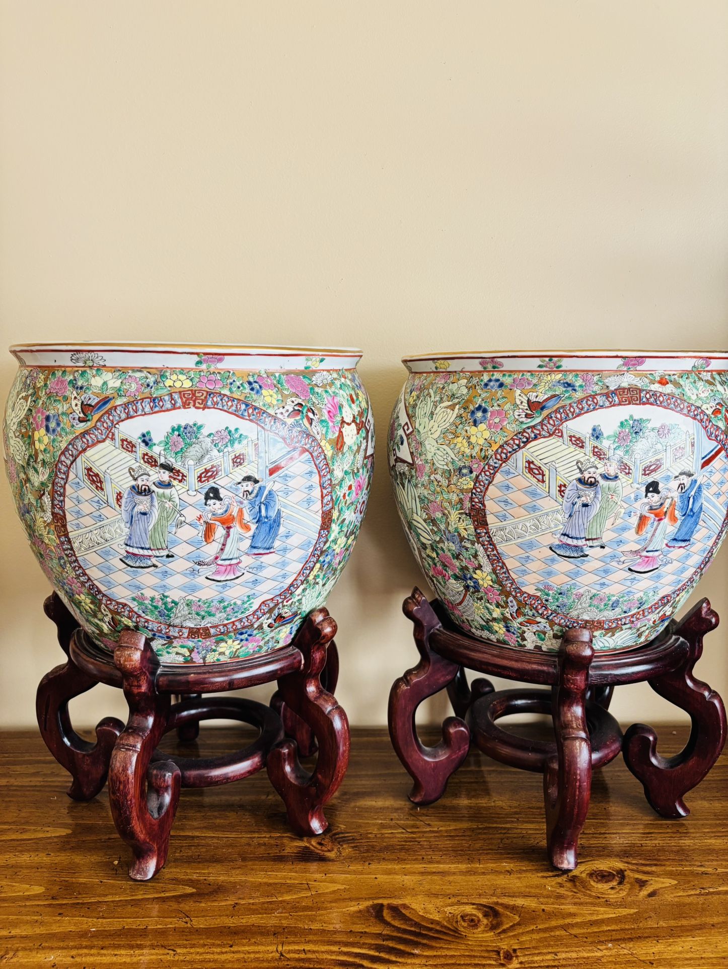 Pair of Vintage Chinese Famille Rose Fish Bowl Planters w/ Wood Stands – Hand-Painted Koi & Lotus – Qianlong Mark