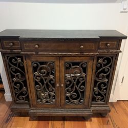 Elegant Hall Cabinet / Console Table - Fossil Stone Top, Wrought Iron Accents