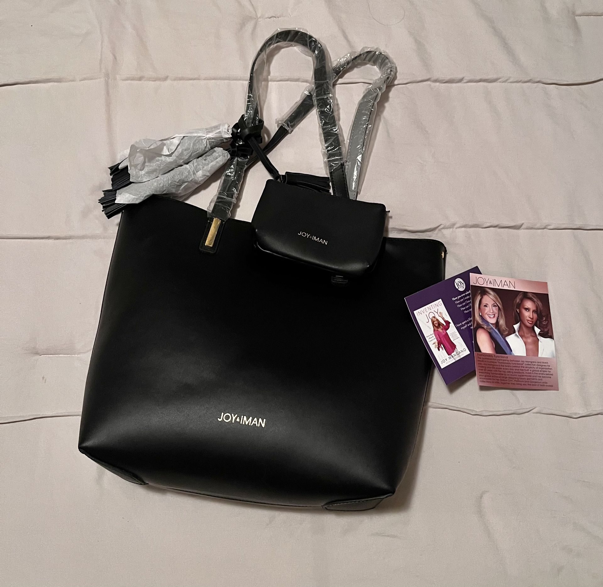 NEW JOY & IMAN Black Leather Tote Purse w Tassels, Popout Insert & Wristlet