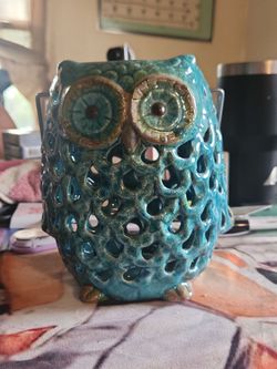 Ceramic Owl Lantern Figurine Teal Glazed