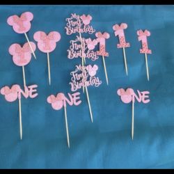 Minnie Mouse Cupcake Toppers (12) Pcs My 1st Birthday 