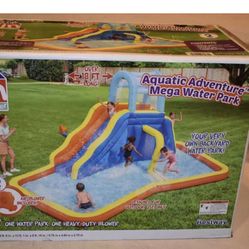 Description   The Aquatic Adventure™ Mega Water Park is the ideal backyard play experience. This inflatable water park features a safe and sturdy wate