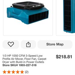 1/3 HP 1050 CFM 3-Speed Low Profile Air Mover, Floor Fan, Carpet Dryer with Build-in Power Outlets