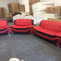 Red Leather Three Piece Couch Set 