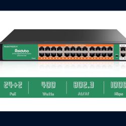 Brand New Reidubo 24 Port Gigabit PoE Switch with 2 Uplink Gigabit Ethernet Ports, 400W, Unmanaged,19-inch Rackmount (2 Available)