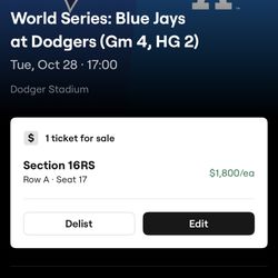 Dodgers World Series Ticket 16RS ROW A