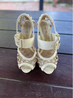 L.A.M.B. Ivory Woven Leather Strappy Stiletto  Heel Open Toe Women's US 6M