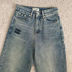 MiuMiu Rhinestone Jean Straight Leg Embroidered Logo Jeans 