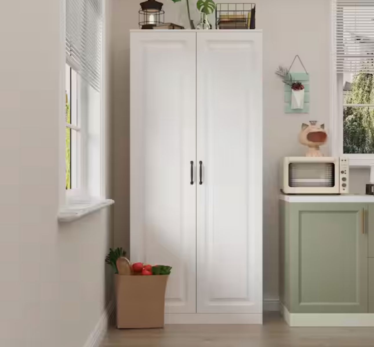 White Wood 31.5 in. W Food Pantry Cabinet Kitchen Buffet Bar Storage Rack, With Double Doors, Rotating Storage Racks