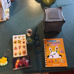 FREE-Bee Keychain, Bee Slap Bracelet, Bee Tattoos, Video Game Eraser, Nee Straw, Easter Scratch Notebook, Post It note Cube