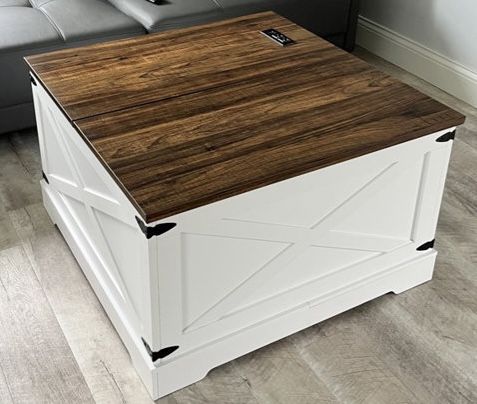 Lift-Top Farmhouse Coffee Table with Storage & Charging Ports – 31.5" Square, White