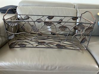 VTG rectangle metal wire basket with leaf accents, 24”L x 9.5W x 9” depth