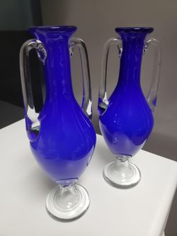 Pair Lapis Blue Footed Tapered Double-handled Cased Glass Vases