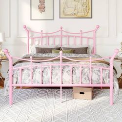 14 Inches Full Size Metal Platform Bed Frame with Elegant Crown Iron-Art Headboard & Footboard, Sturdy Mattress Foundation with Under-Bed Storage, Eas