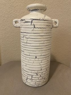 Distressed Vintage Ceramic Vase with Handles, Farmhouse Style Clay White and Gray