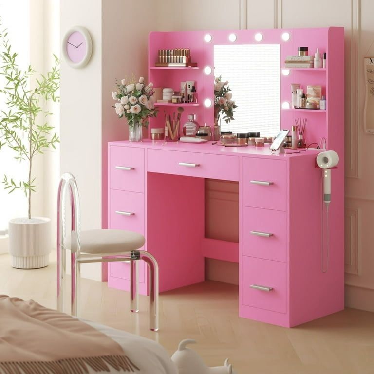 New Large Vanity Desk with LED Lighted Mirror & Power Outlet,Makeup Vanity Table with 7 Drawers,4 Shelves and 5 Hooks, Vanity Table, Vanity Desk Set f