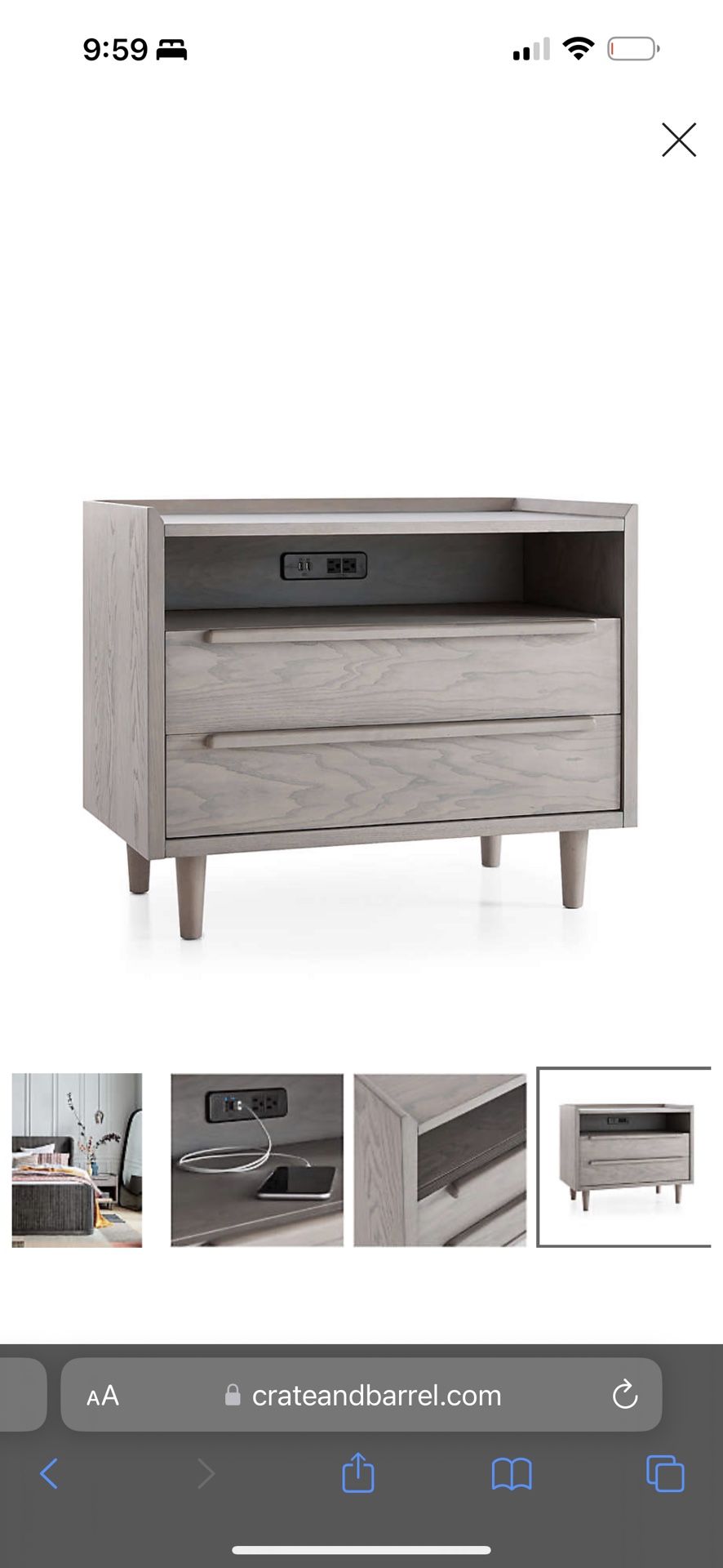 Crate and Barrel Tate Stone Grey Wood 2-Drawer Mid-Century Charging Nightstand