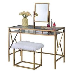 Makeup Vanity Table with Glass Top and Faux Fur Stool