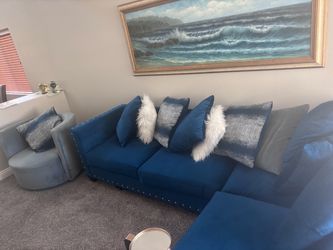 Blue Velvet Sectional Sofa with Nailhead Trim