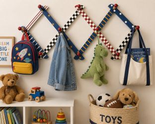 Vintage Wooden Expandable Accordian Peg Wall Rack Folk Art Kids