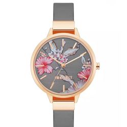 Nine West brand. Women's Quartz Gray Faux Leather Band and Floral Pattern Watch.