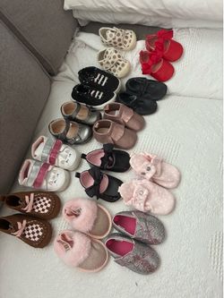 11 baby girl shoes $40 and New diaper pale $40