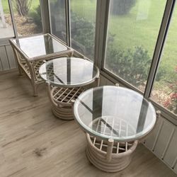 3-Piece Rattan & Glass Side Table Set – Coastal Boho Style 