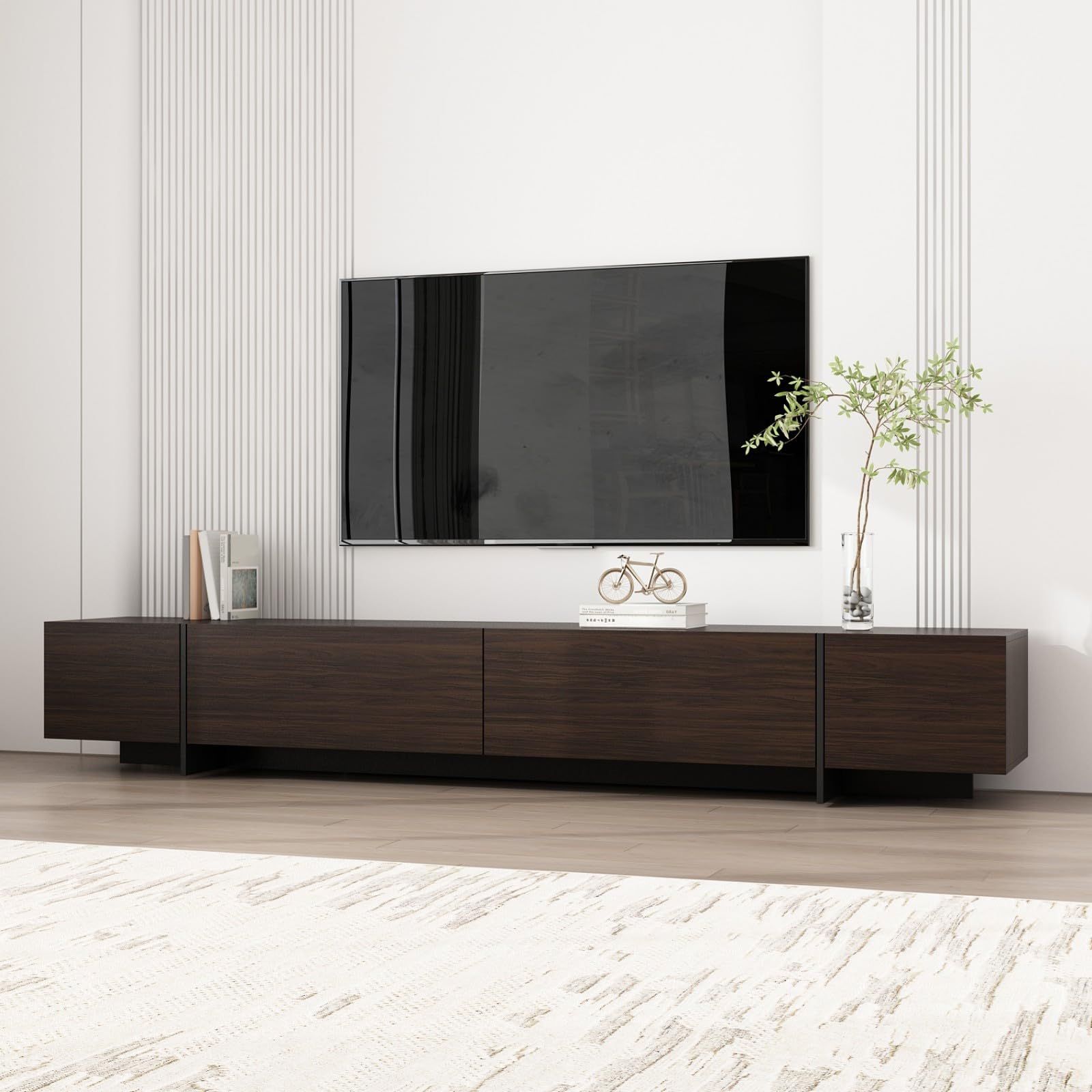 FAMAPY TV Stand, Modern TV Media Console Table with 4 Drawers, Flip Doors, for Living Room, Dark Brown and Black, 15.7”D x 95.7”W x 15”H