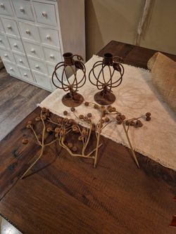 Rustic Brown Distressed Metal Lantern Candle Holders. (2)