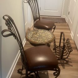 2 Wrought Iron Chairs With Leather Cushion, Magazine Rack, Table