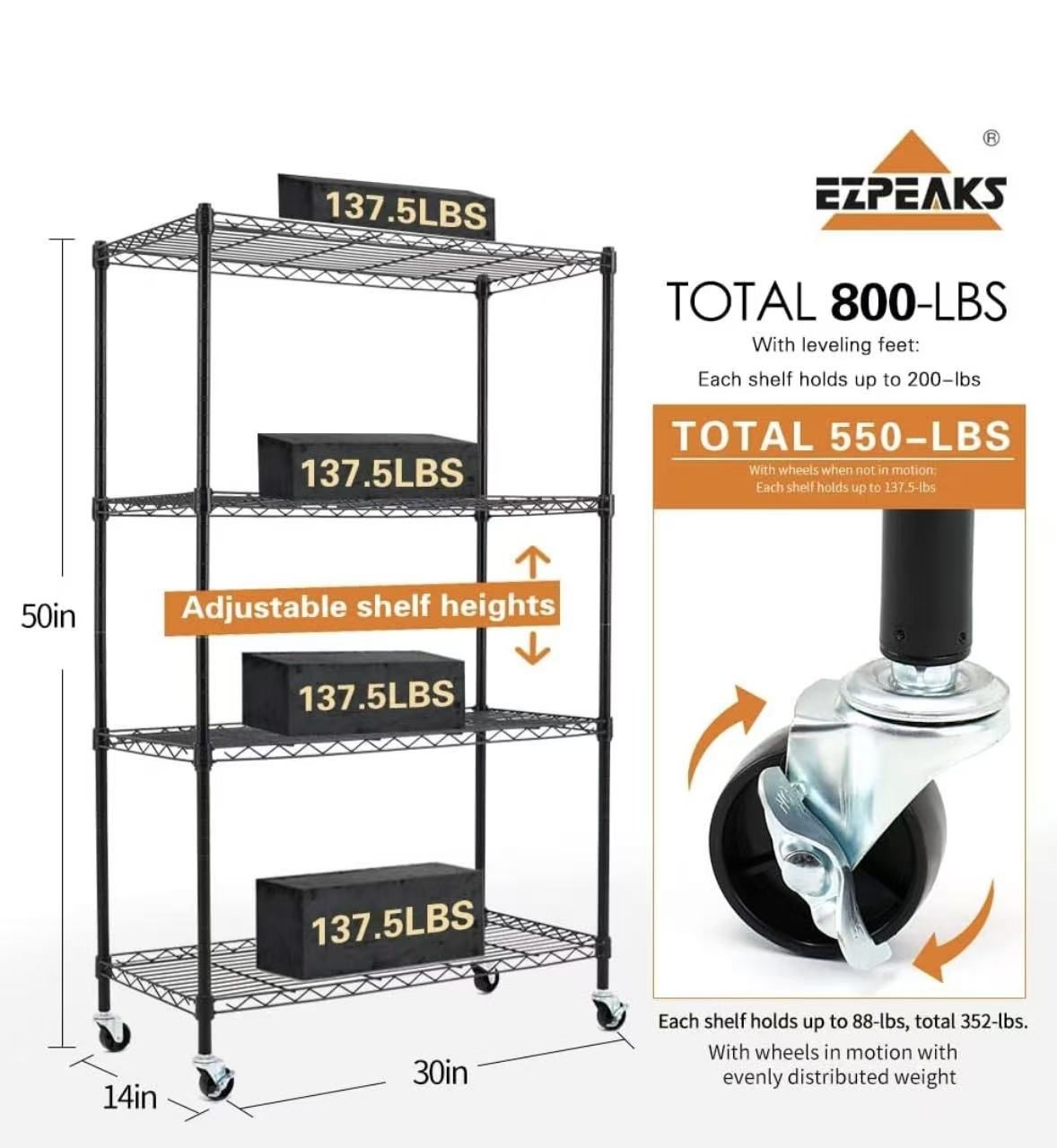 4-Shelf Shelving Units and Storage on Wheels with Shelf Liners Set of 4, NSF Certified