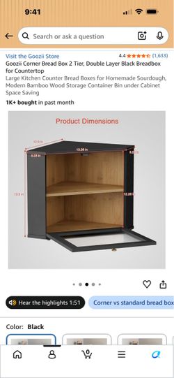 Bread box for kitchen counter corner