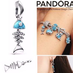 PANDORA Turquoise-colored Fishbone Dangle Charm w/box