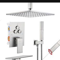 Shower Faucet Set Brushed Gold Shower System,Push Button Diverter Shower Faucet with 2 in 1 Handheld,Ceiling Mount 10 Inch Shower Head with 6 Inch Wal