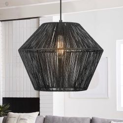 ELYONA 16.5” Large Modern Woven Chandelier Farmhouse Coastal Pendant Light Fixtures Matte Black Handwoven Rattan Basket Shade Boho Pendant Hanging Lam