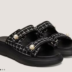 Stuart Weitzman Goldie Pearl Black Tweed Women's Black Sandals Sport Slide Sz 7